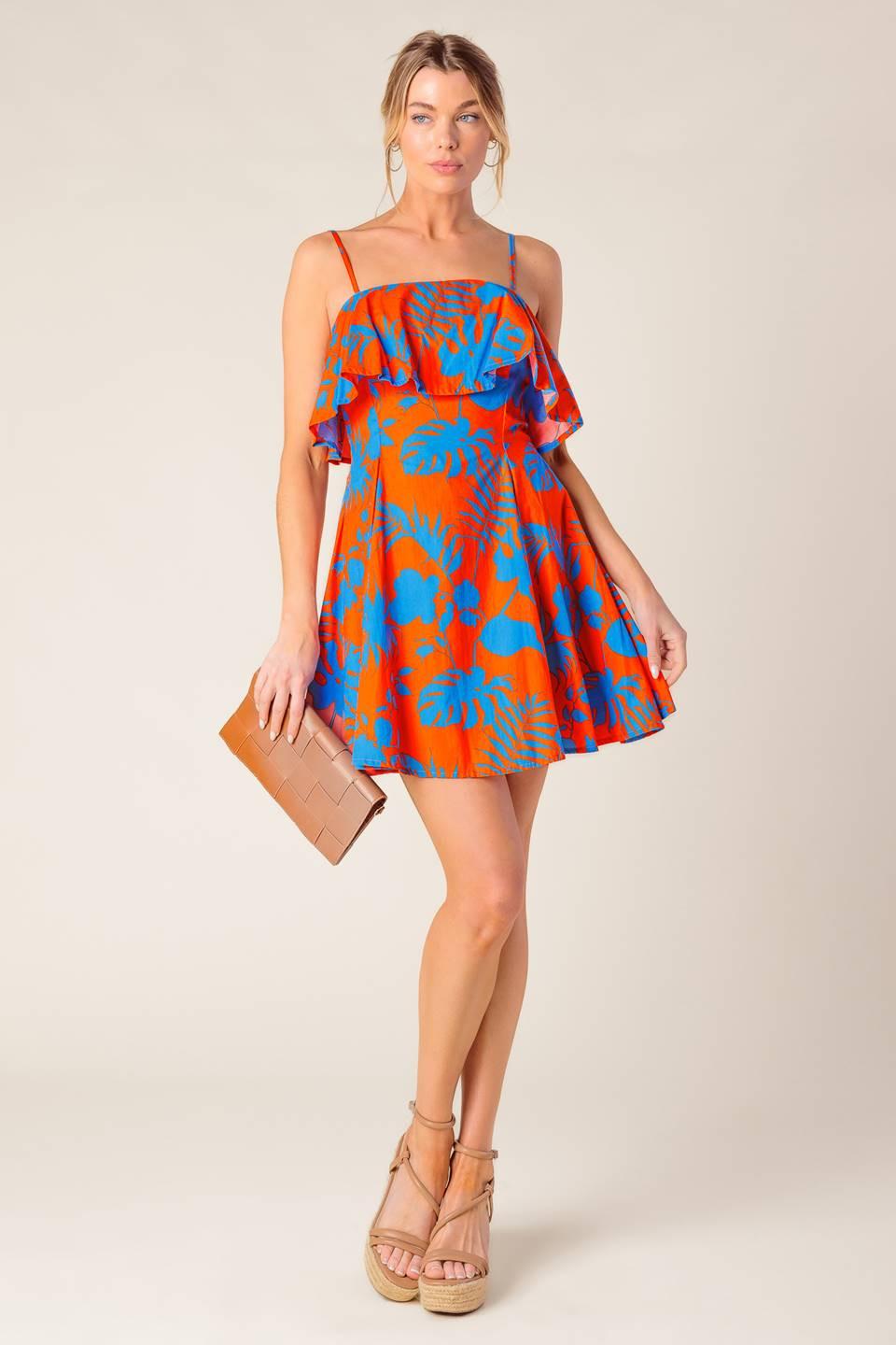 STOPPING TIME ORANGE WOVEN MINI DRESS.