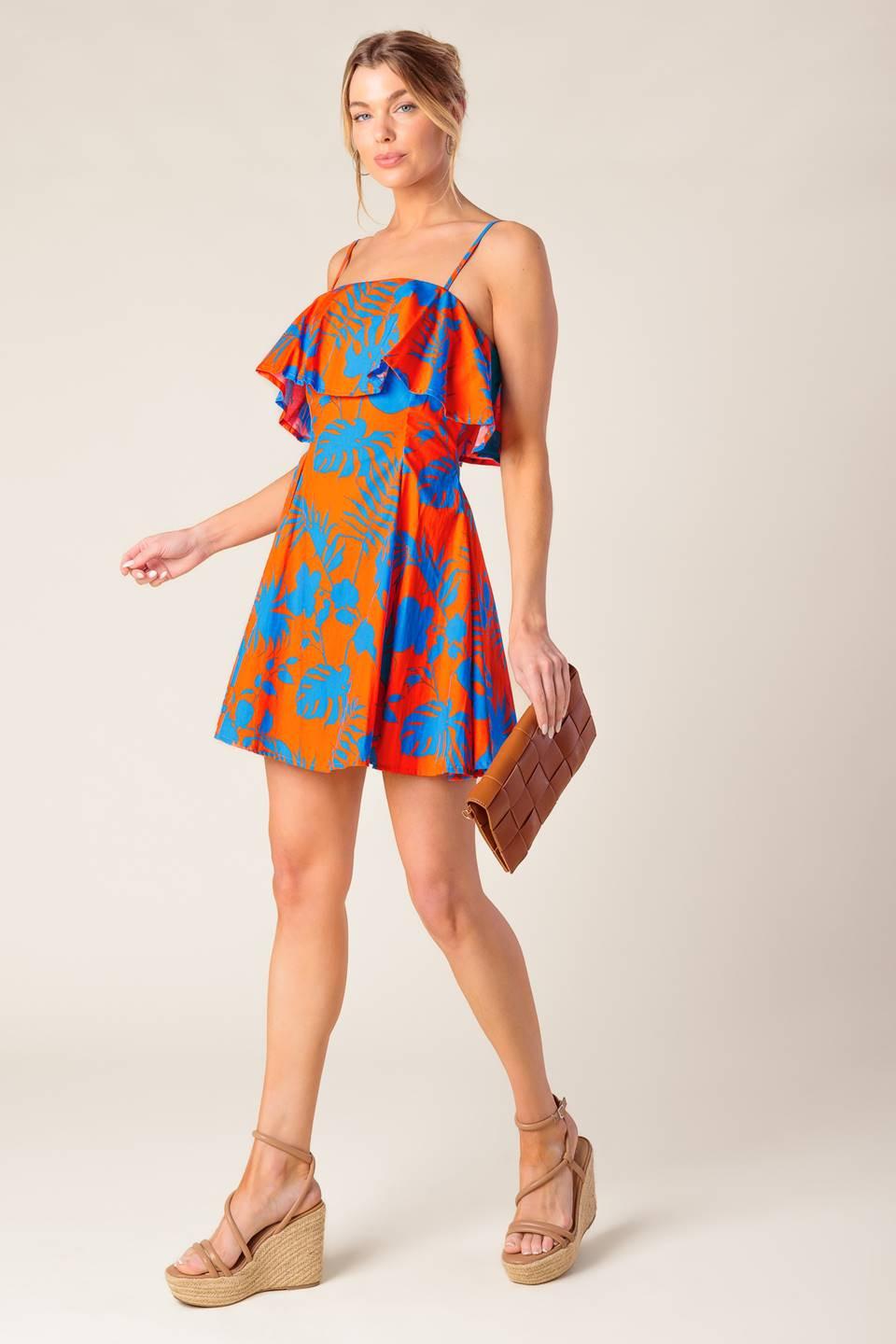 STOPPING TIME ORANGE WOVEN MINI DRESS.