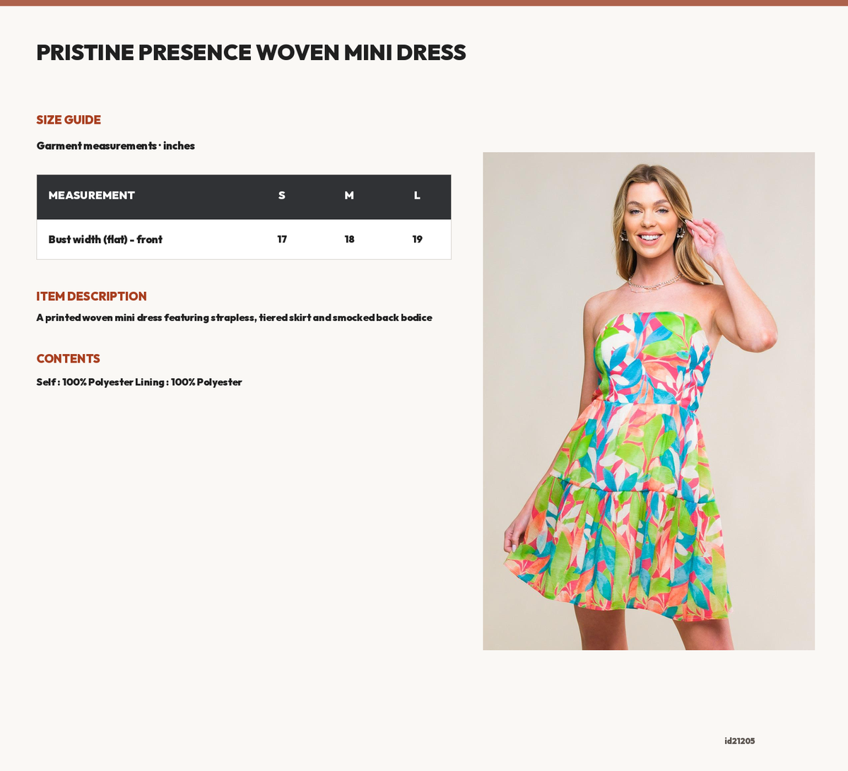 PRISTINE PRESENCE WOVEN MINI DRESS size chart