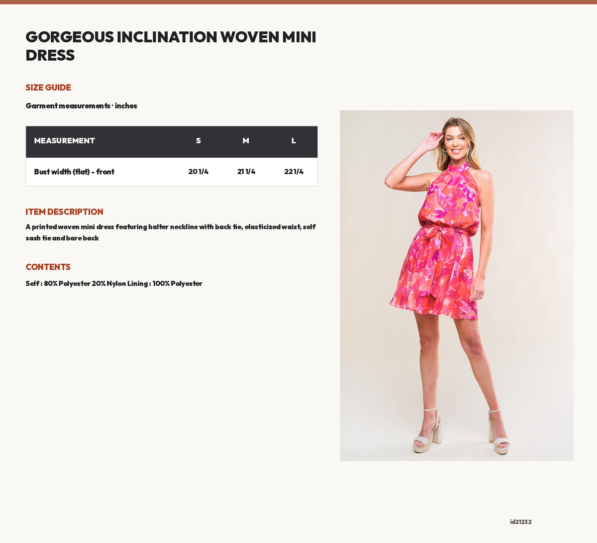 GORGEOUS INCLINATION WOVEN MINI DRESS size chart
