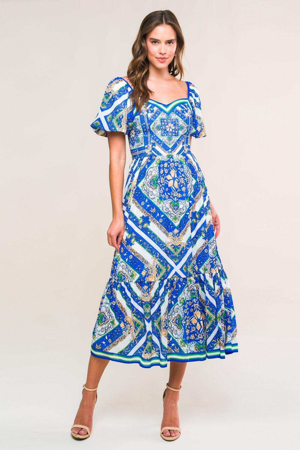PALM SPRINGS BLOSSOMS WOVEN MIDI DRESS.