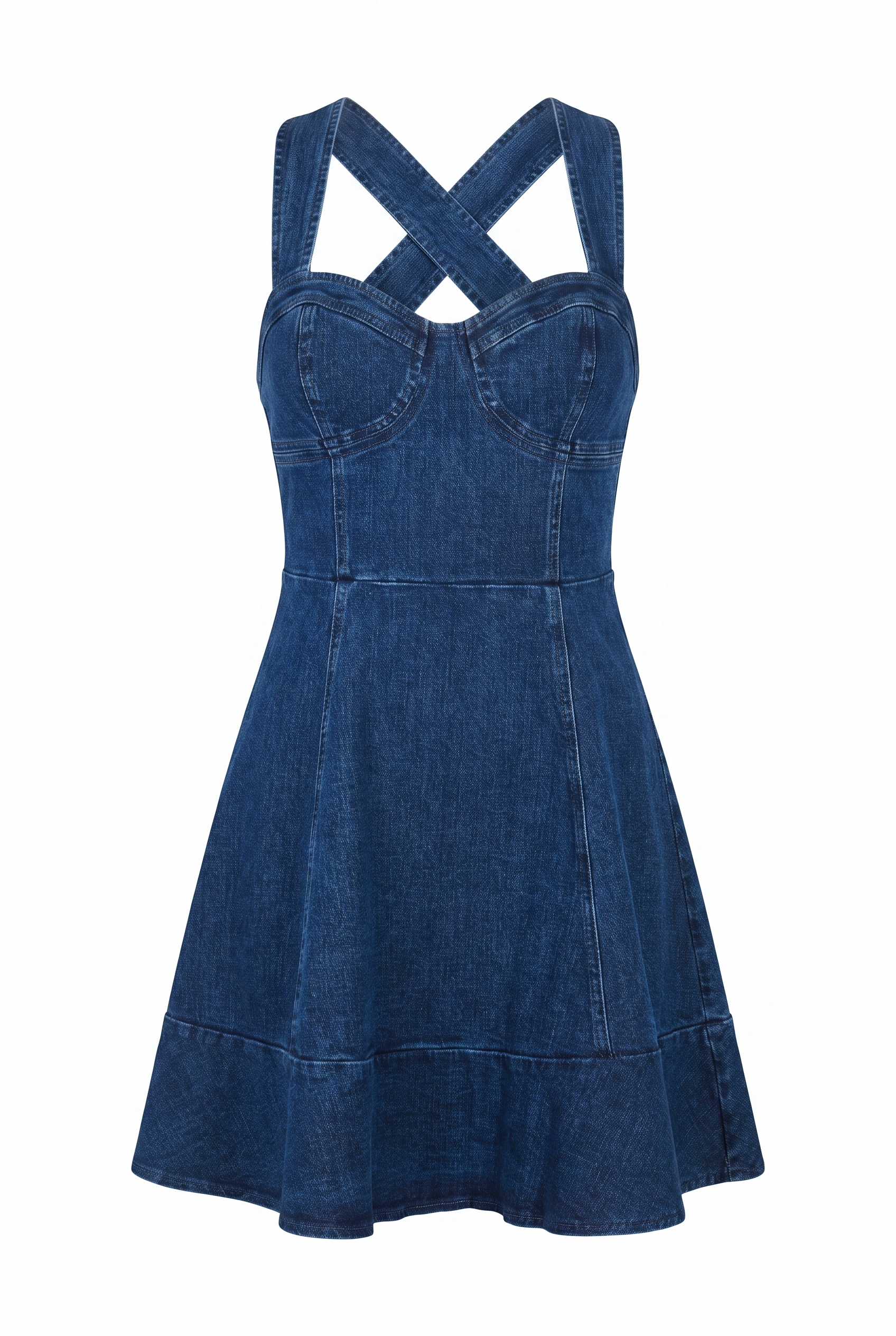 A dark blue denim dress with a sweetheart neckline, underwire cups, and crossed shoulder straps, set against a plain white background.
