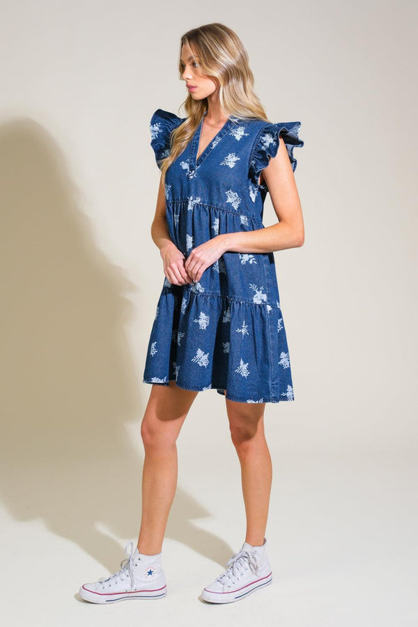 ROMANTICALLY ENTANGLED DENIM MINI DRESS.