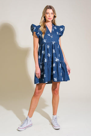 ROMANTICALLY ENTANGLED DENIM MINI DRESS.