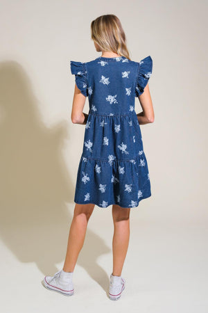 ROMANTICALLY ENTANGLED DENIM MINI DRESS.