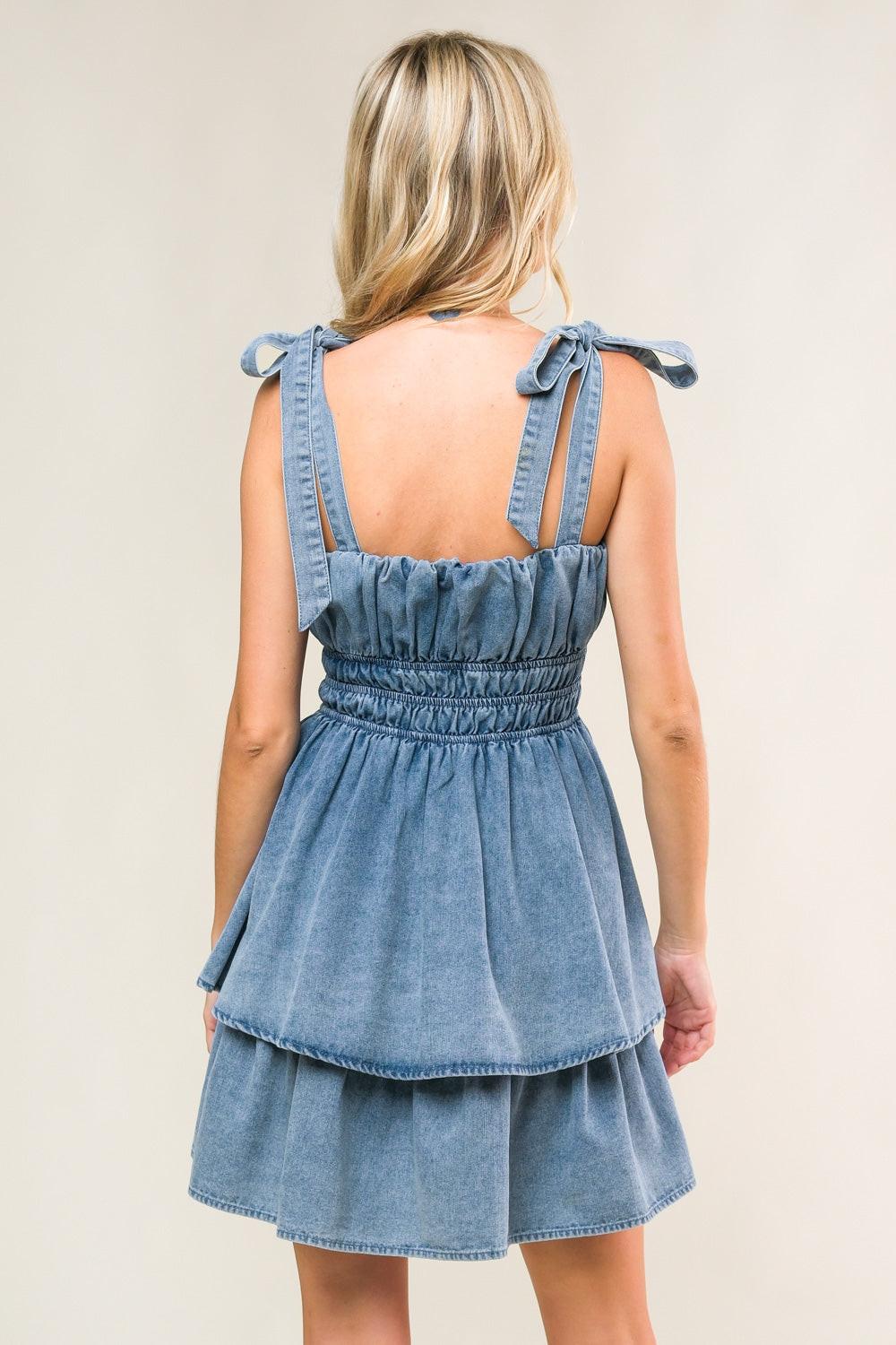 ALONG THE SHORELINE DENIM MINI DRESS.