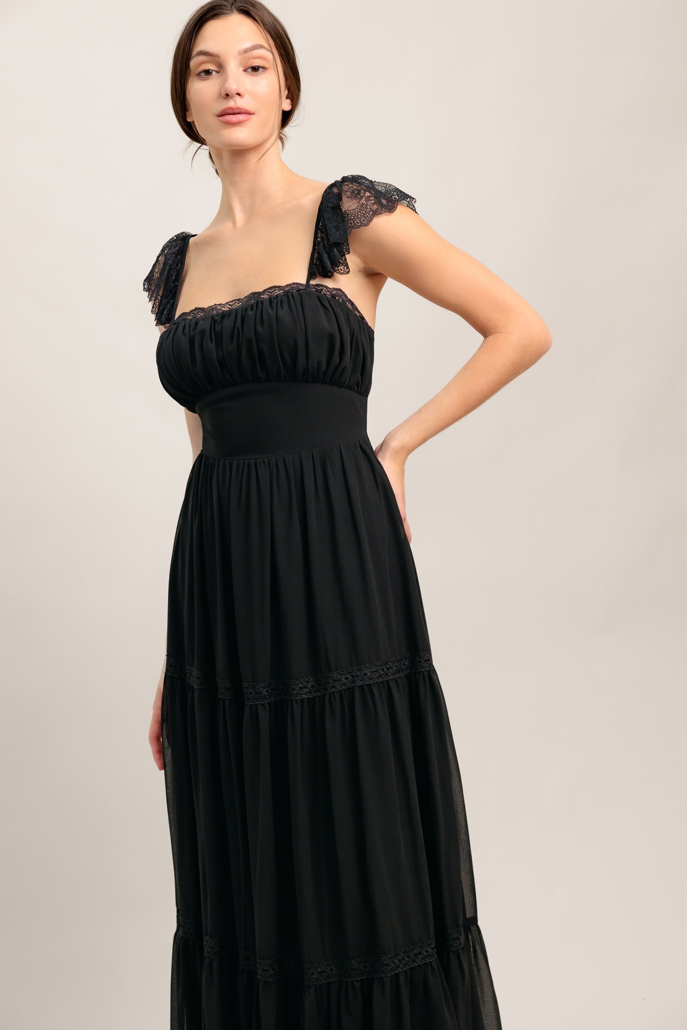 
A solid woven maxi dress featuring straight neckline with lace edge, waist yoke, tiered skirt, bare back with tie closure

Details:

Self : 100% Polyester
Lining : 100% Polyester
Contrast : 96% Nylon 4% Spandex&nbsp;

Size &amp; Fit

- Model is 5`8" And Wearing Size Small
- Measurements Taken From Size Small
- Approx. Length: 58"