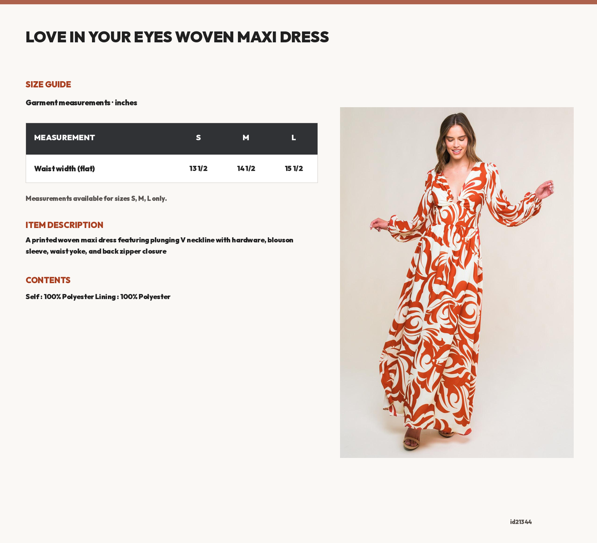 LOVE IN YOUR EYES WOVEN MAXI DRESS size chart