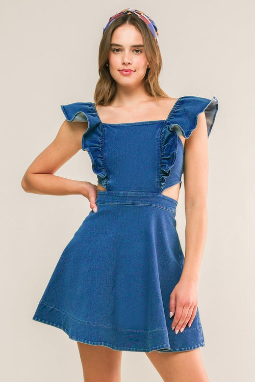 JUST ASK ME DENIM MINI DRESS.