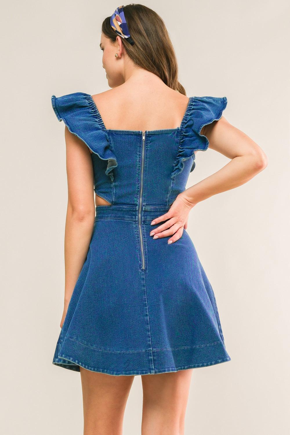 JUST ASK ME DENIM MINI DRESS.