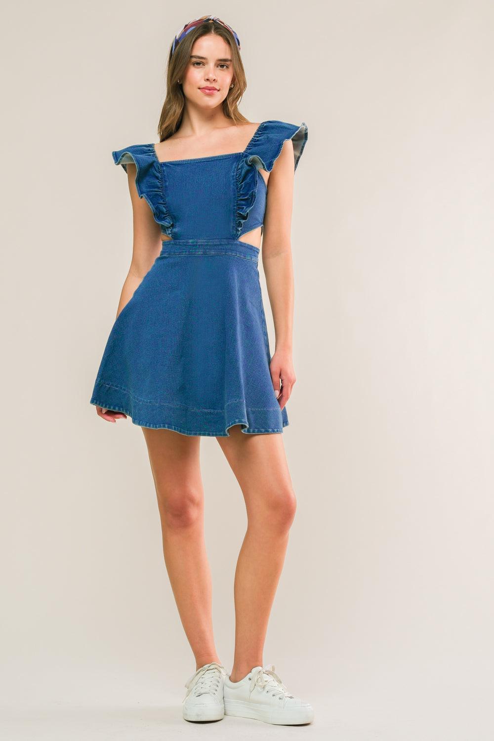 JUST ASK ME DENIM MINI DRESS.