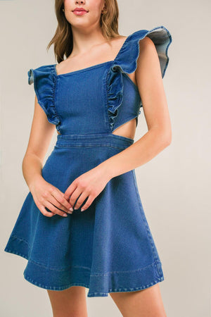 JUST ASK ME DENIM MINI DRESS.