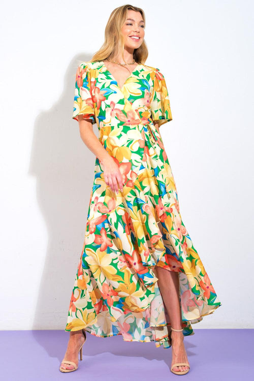 ELABORATE CHARM WOVEN HI-LO DRESS.