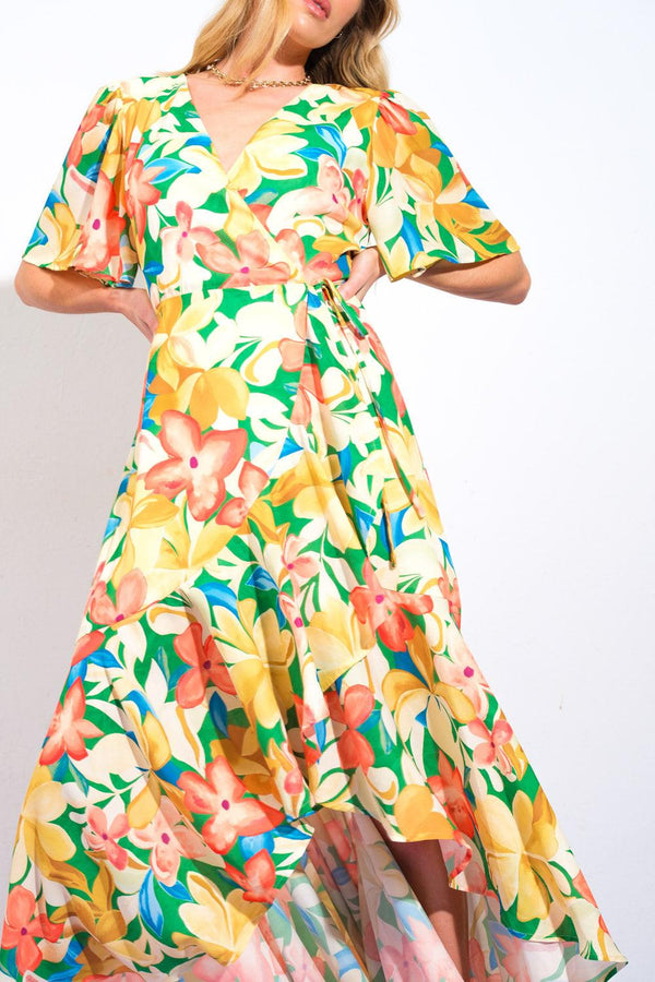 ELABORATE CHARM WOVEN HI-LO DRESS.