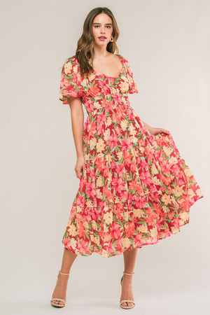 LOVE IS BLOOMING WOVEN MIDI DRESS.