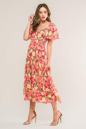 LOVE IS BLOOMING WOVEN MIDI DRESS.