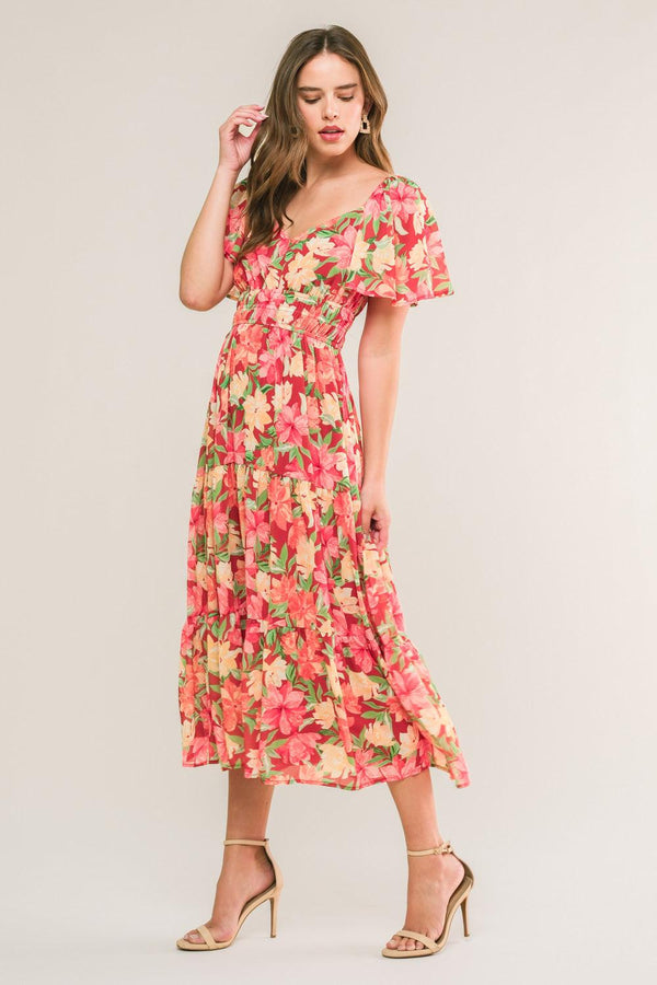 LOVE IS BLOOMING WOVEN MIDI DRESS.