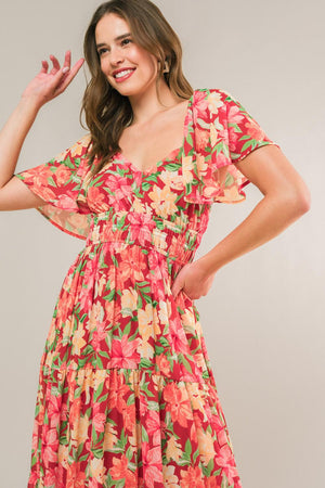 LOVE IS BLOOMING WOVEN MIDI DRESS.
