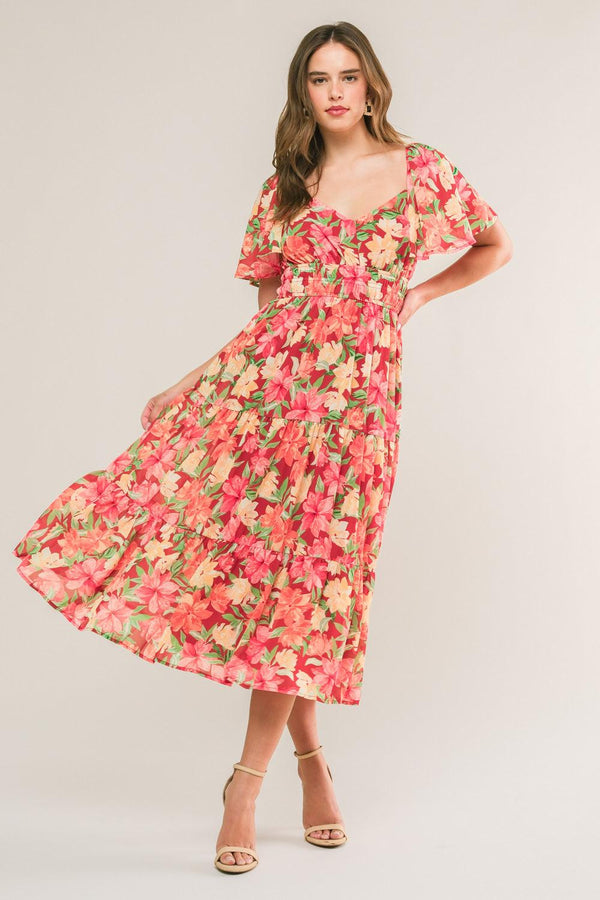 LOVE IS BLOOMING WOVEN MIDI DRESS.