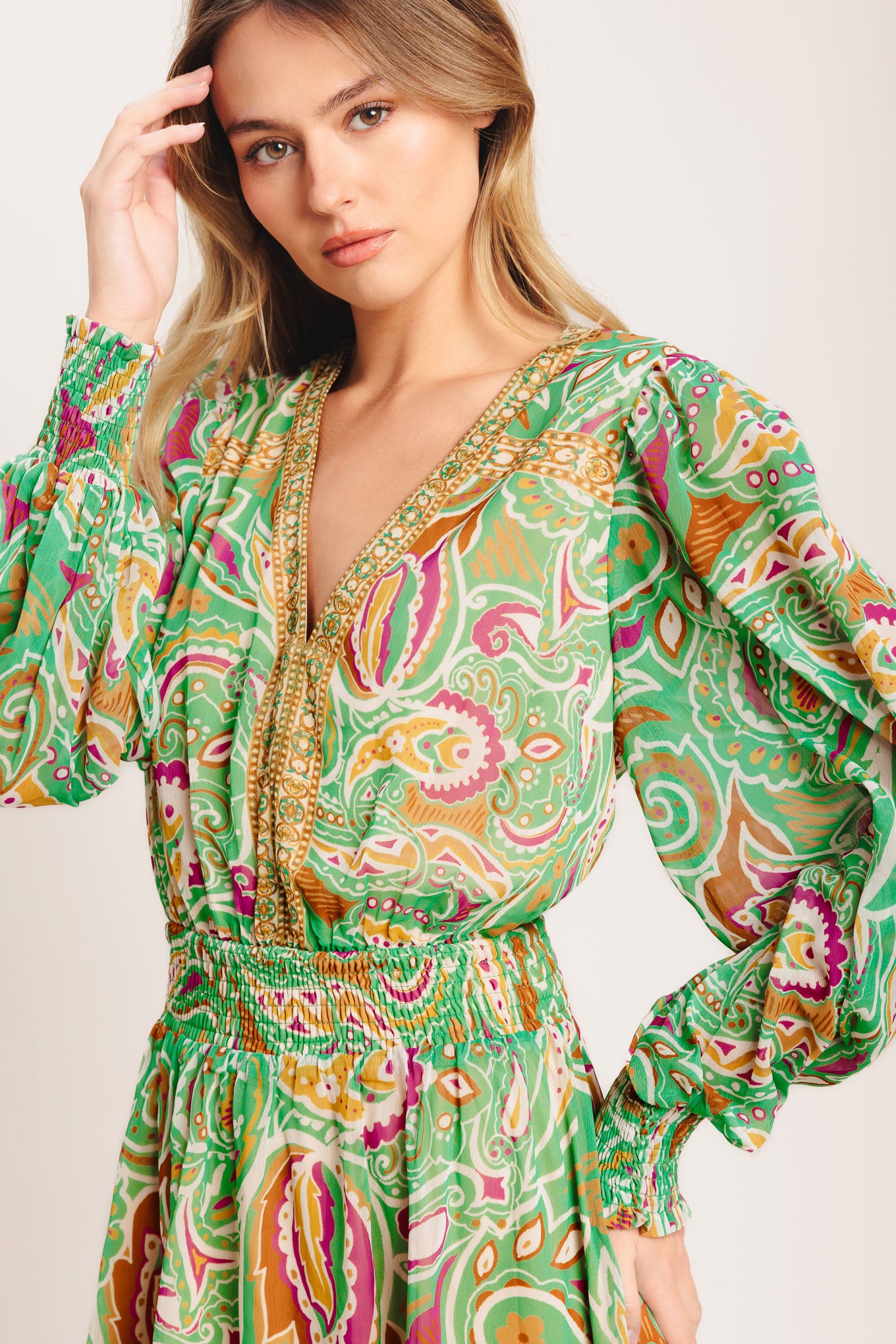 
A printed woven mini dress featuring V neckline, long sleeve with smocked cuff, smocked waist band and full skirt

Details:

Self : 100% Polyester
Lining: 100% Polyester

Size &amp; Fit

- Model is 5`7" And Wearing Size Small
- Measurements Taken From Size Small
- Approx. Length: 36"