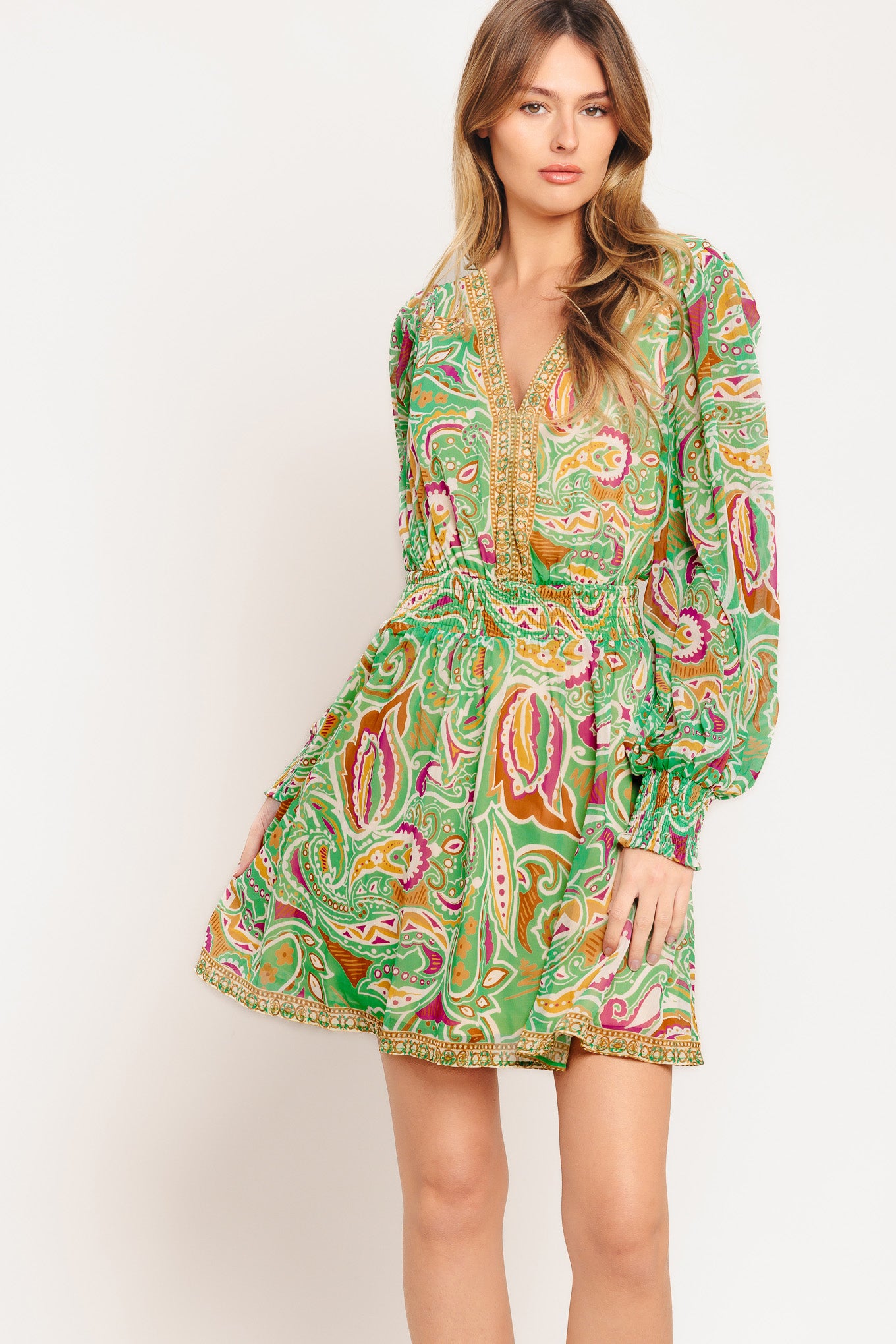 
A printed woven mini dress featuring V neckline, long sleeve with smocked cuff, smocked waist band and full skirt

Details:

Self : 100% Polyester
Lining: 100% Polyester

Size &amp; Fit

- Model is 5`7" And Wearing Size Small
- Measurements Taken From Size Small
- Approx. Length: 36"