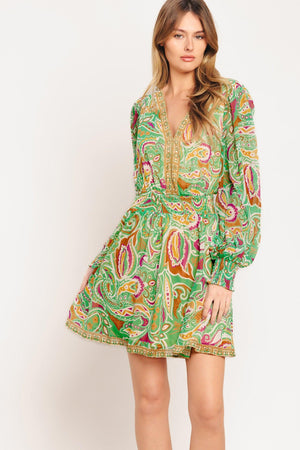 
A printed woven mini dress featuring V neckline, long sleeve with smocked cuff, smocked waist band and full skirt

Details:

Self : 100% Polyester
Lining: 100% Polyester

Size &amp; Fit

- Model is 5`7" And Wearing Size Small
- Measurements Taken From Size Small
- Approx. Length: 36"