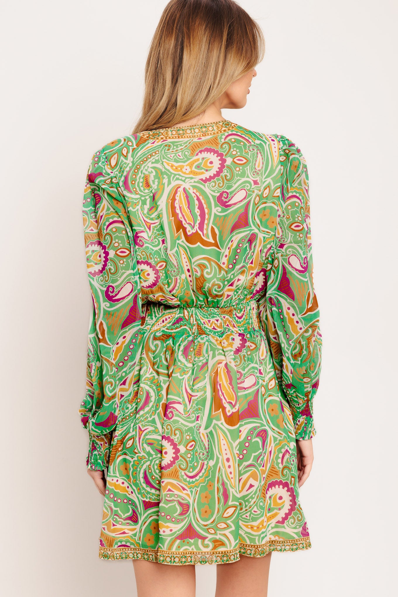 
A printed woven mini dress featuring V neckline, long sleeve with smocked cuff, smocked waist band and full skirt

Details:

Self : 100% Polyester
Lining: 100% Polyester

Size &amp; Fit

- Model is 5`7" And Wearing Size Small
- Measurements Taken From Size Small
- Approx. Length: 36"