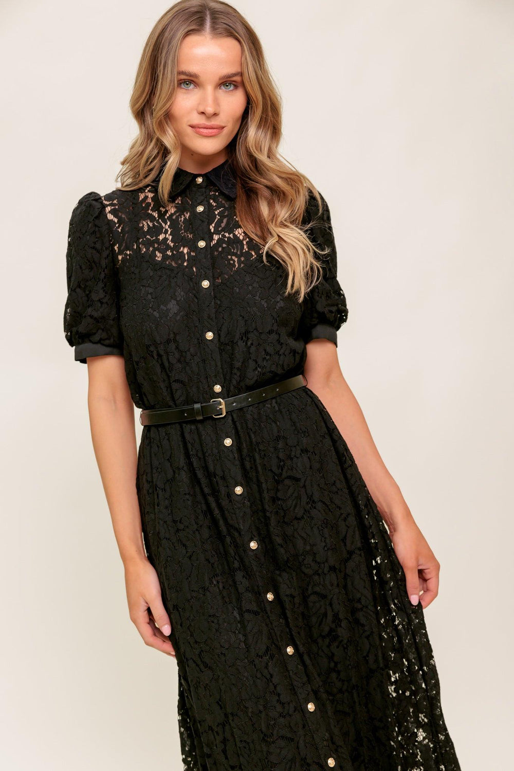 TIMID TO TENACIOUS WOVEN LACE SHIRT DRESS.