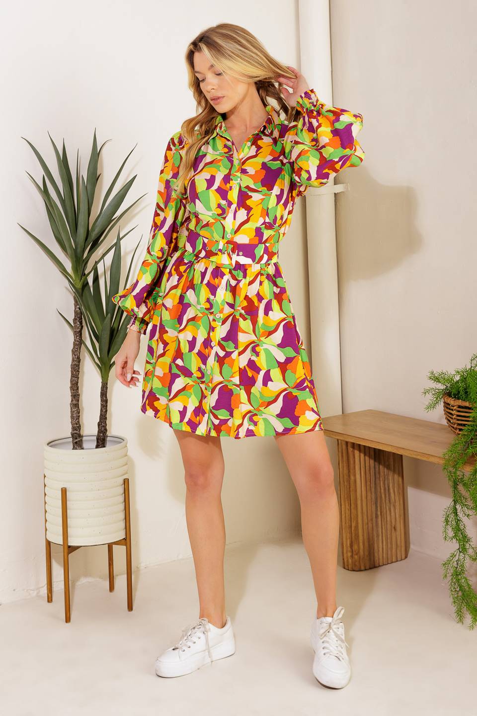 
A printed woven mini dress featuring shirt collar, button down, long sleeve with smocked cuff and self belt

Details:

Self : 85% Rayon 15% Nylon

Size &amp; Fit

- Model is 5`7" And Wearing Size SmallA
- Measurements Taken From Size Small
- Approx. Length: 35"