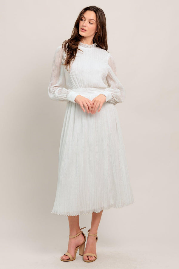 
A textured woven midi dress featuring high neckline with ruffled edge, long sleeve with cuff, full skirt and back zipper closure

Details:

Self : 100% Polyester
Lining: 100% Polyester

Size &amp; Fit

- Model is 5`7" And Wearing Size Small
- Measurements Taken From Size Small
- Approx. Length: 48"