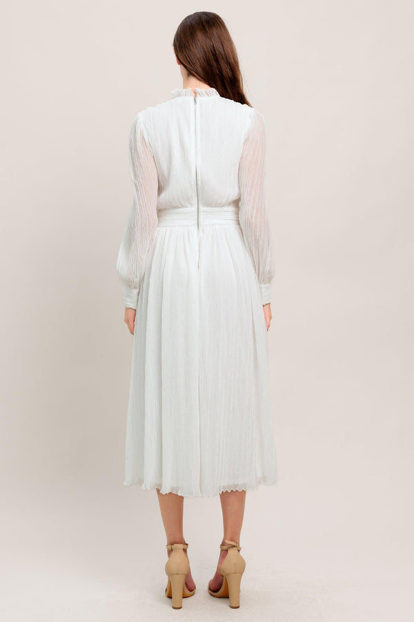 
A textured woven midi dress featuring high neckline with ruffled edge, long sleeve with cuff, full skirt and back zipper closure

Details:

Self : 100% Polyester
Lining: 100% Polyester

Size &amp; Fit

- Model is 5`7" And Wearing Size Small
- Measurements Taken From Size Small
- Approx. Length: 48"