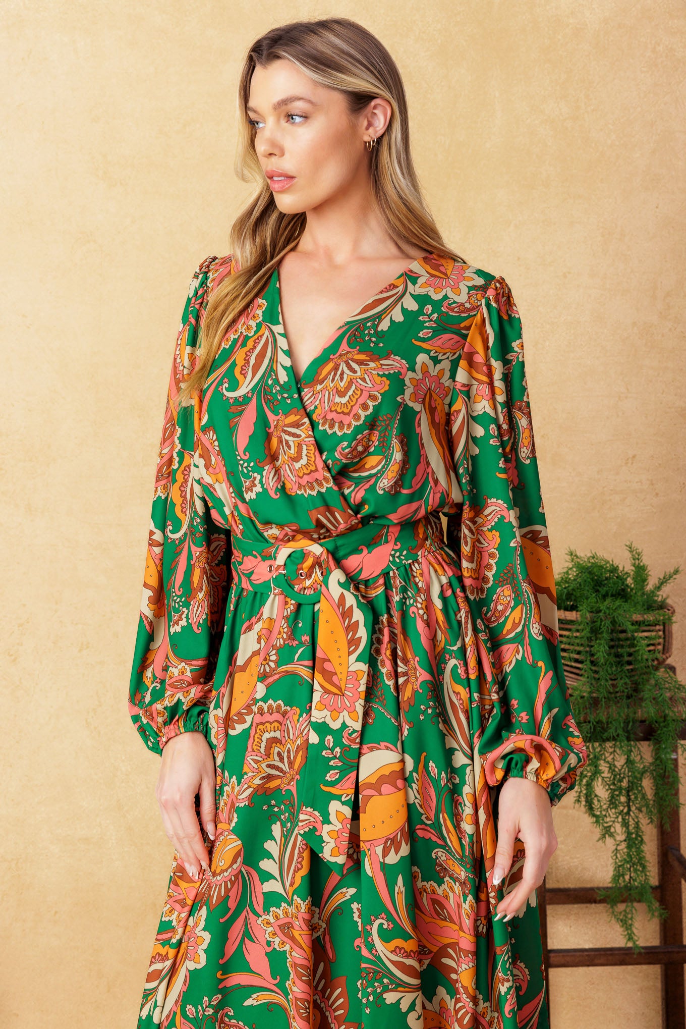 
A printed woven midi dress featuring surplice neckline, long puff sleeve, elasticized waist, self belt and full skirt

Details:

Self : 100% Polyester
Lining : 100% Polyester

Size &amp; Fit

- Model is 5`9" And Wearing Size Small
- Measurements Taken From Size Small
- Approx. Length: 52"