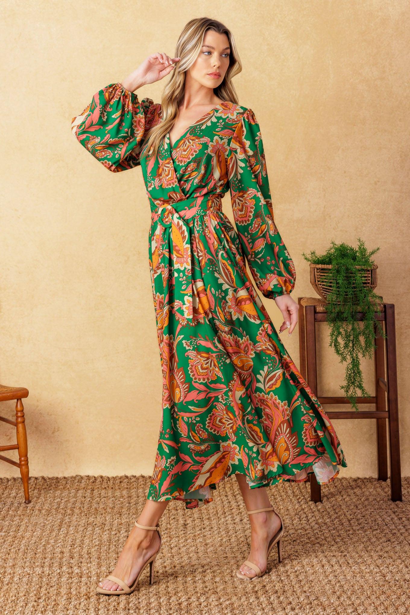 FLYING TOMATO Long Sleeve Belted Midi Dress in Green at Nordstrom Rack, Size Large