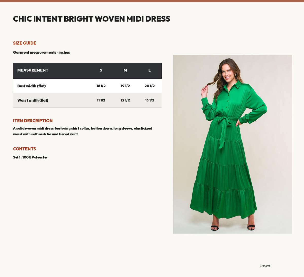 CHIC INTENT BRIGHT WOVEN MIDI DRESS size chart