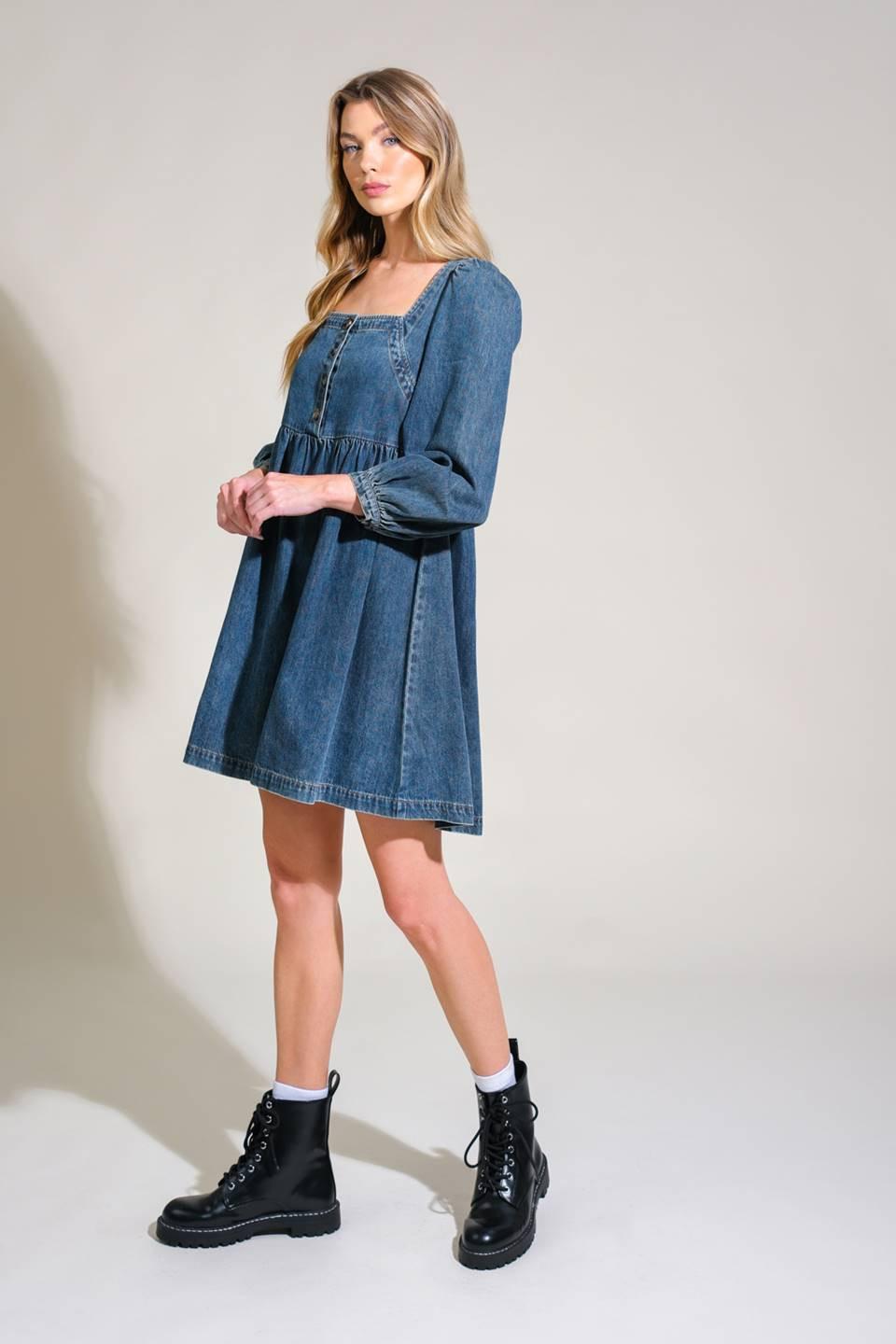 EXOTIC ESCAPE DENIM MINI DRESS.