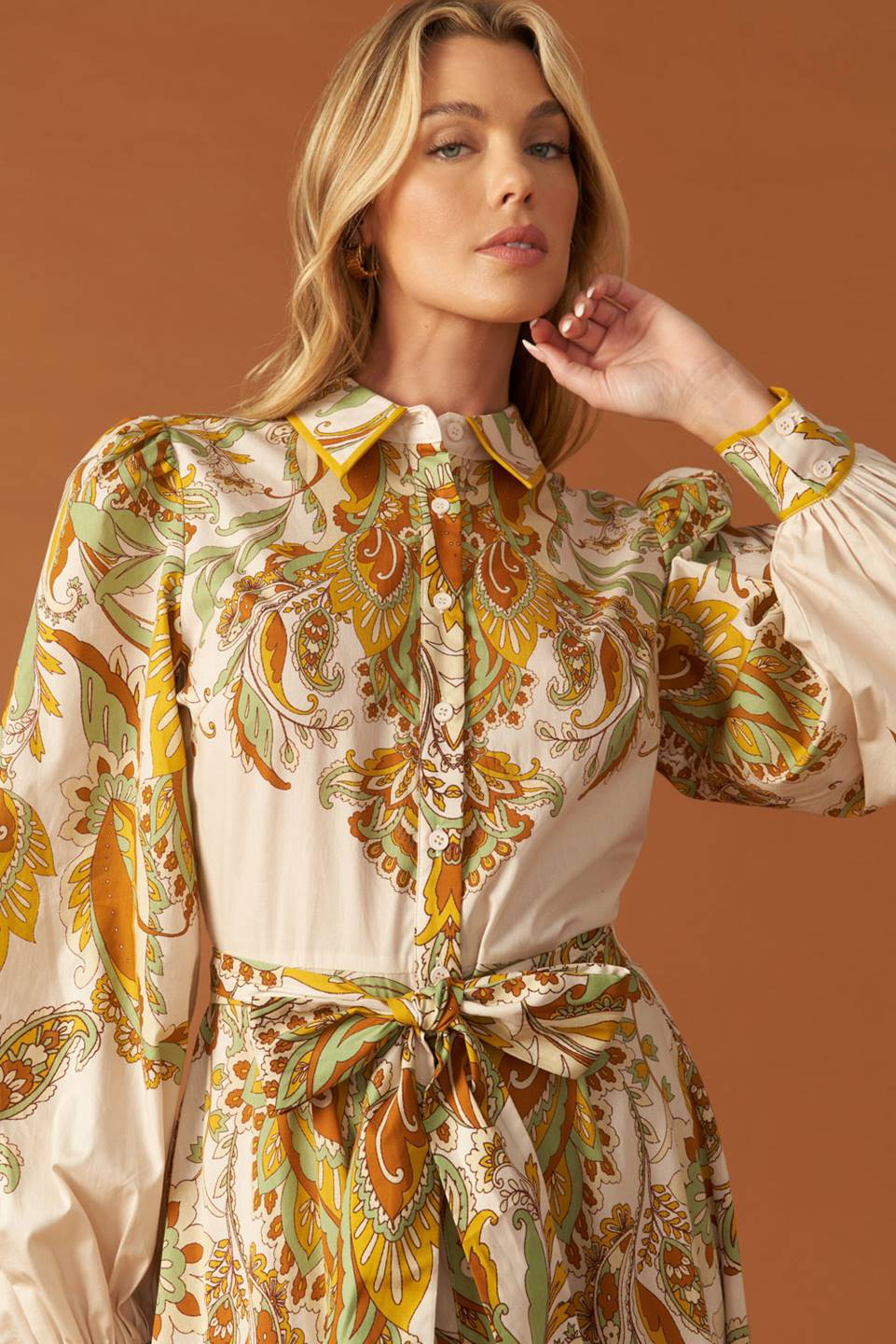 FIELDS OF GOLD WOVEN MIDI SHIRT DRESS