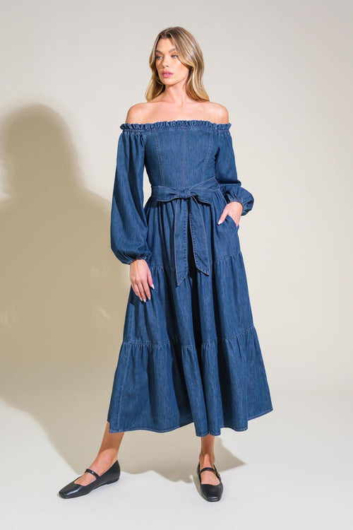 ARTISTIC IMPULSE DENIM MIDI DRESS.
