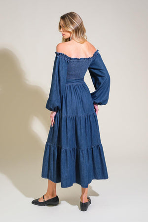 ARTISTIC IMPULSE DENIM MIDI DRESS.