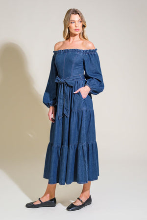 ARTISTIC IMPULSE DENIM MIDI DRESS.