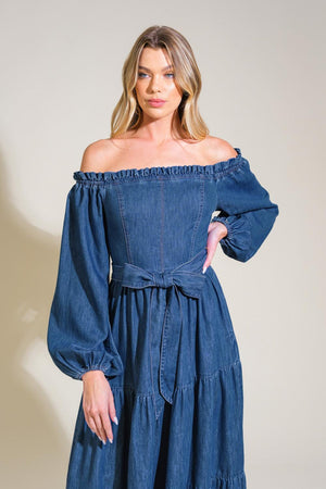 ARTISTIC IMPULSE DENIM MIDI DRESS.