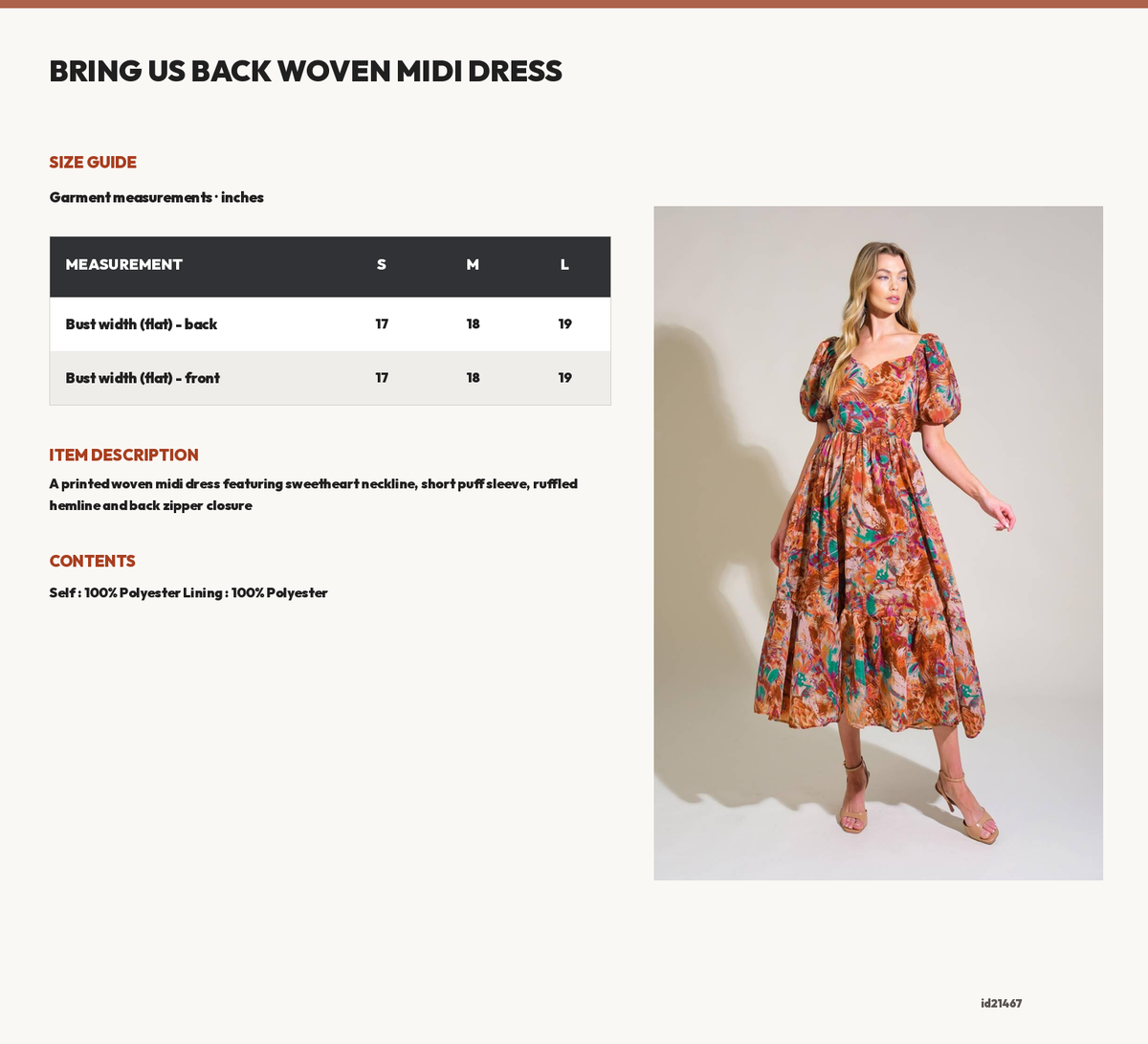 BRING US BACK WOVEN MIDI DRESS size chart