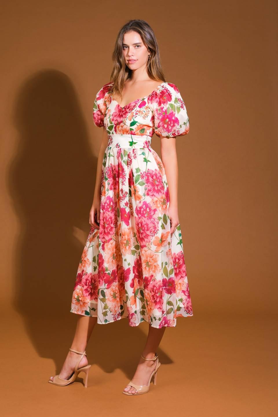 FLORAL REVERIE WOVEN MIDI DRESS.
