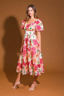 FLORAL REVERIE WOVEN MIDI DRESS.
