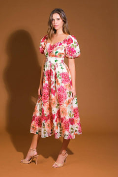 FLORAL REVERIE WOVEN MIDI DRESS.