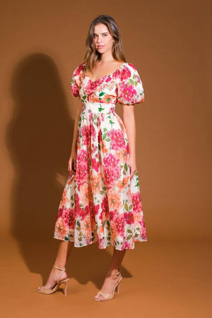 FLORAL REVERIE WOVEN MIDI DRESS.