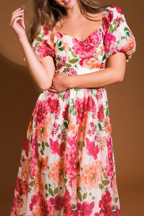 FLORAL REVERIE WOVEN MIDI DRESS.