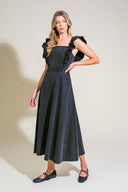 TIMELESS CHARM DENIM MIDI DRESS.