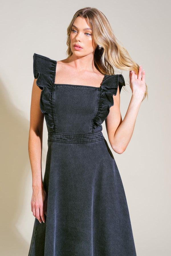 TIMELESS CHARM DENIM MIDI DRESS.