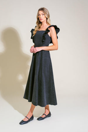 TIMELESS CHARM DENIM MIDI DRESS.