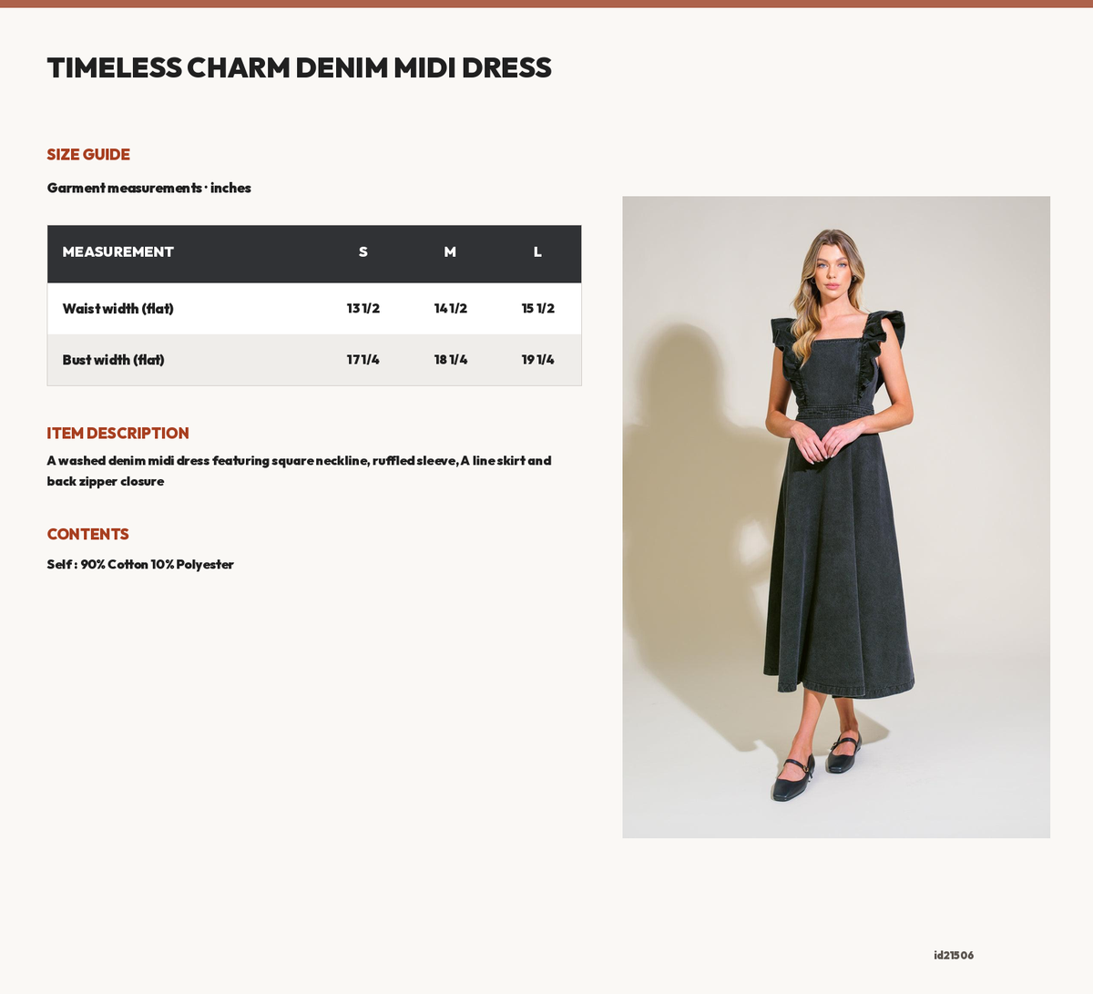 TIMELESS CHARM DENIM MIDI DRESS size chart